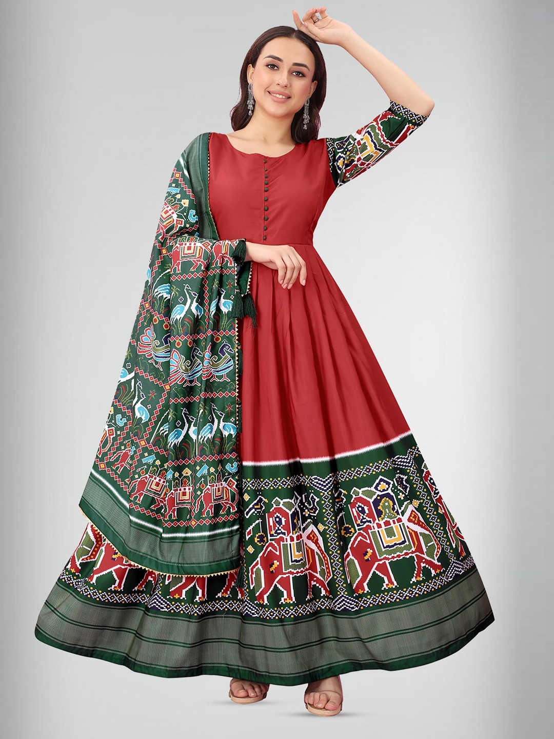

N N ENTERPRISE Printed Maxi Ethnic Dress With Dupatta, Red