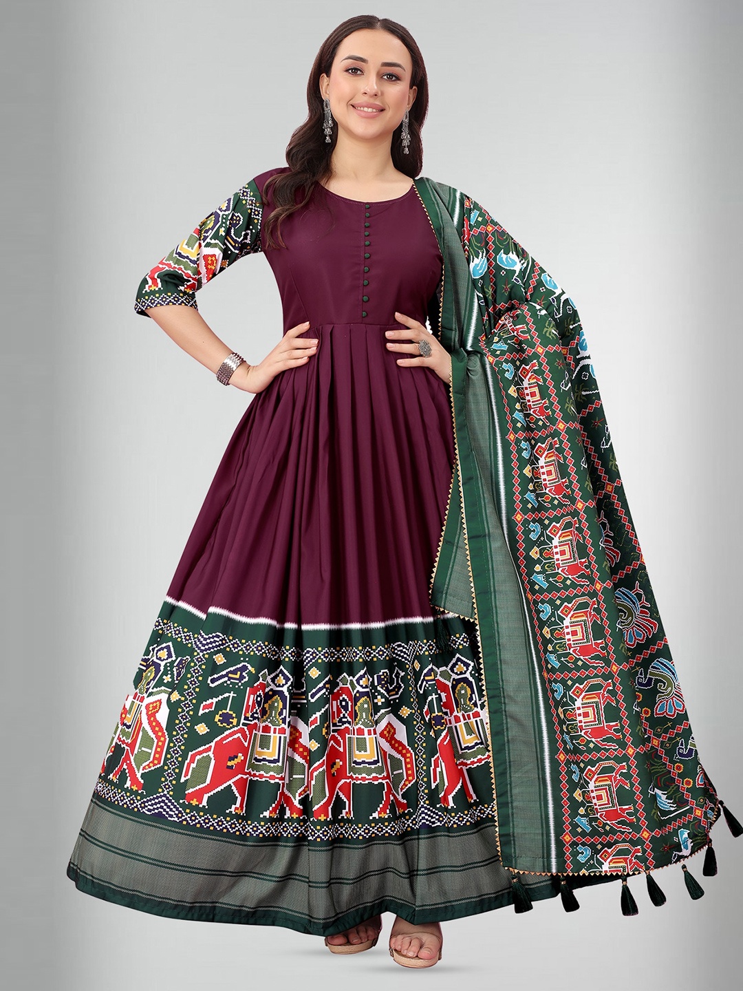 

N N ENTERPRISE Printed Maxi Ethnic Dress With Dupatta, Purple