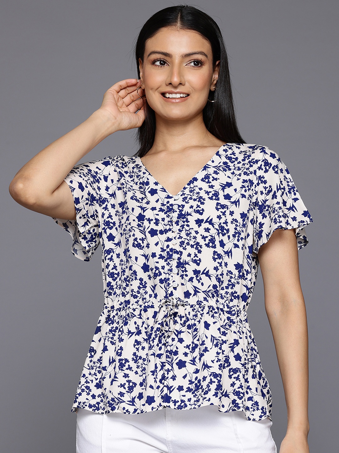 

Allen Solly Woman Floral Print Cinched Waist Top, Off white