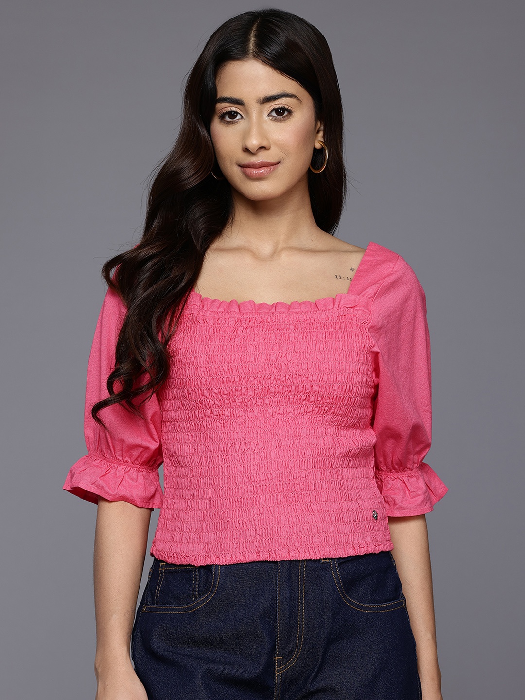 

Allen Solly Woman Puff Sleeve Smocked Top, Fuchsia