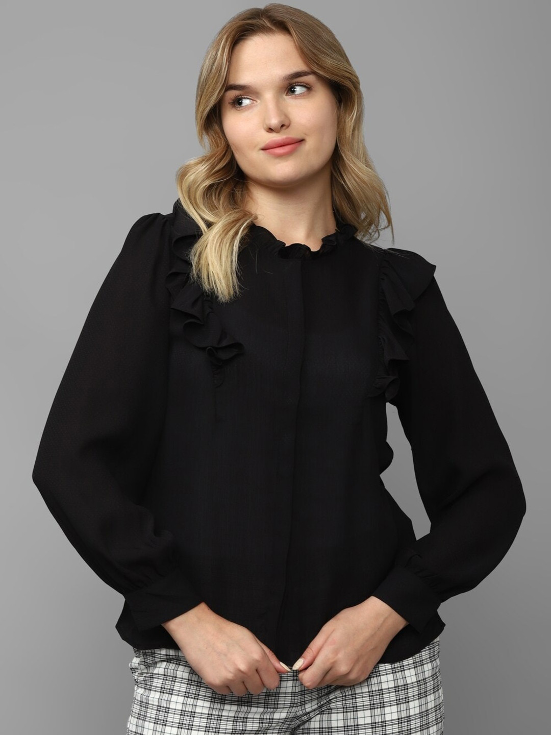 

Allen Solly Woman Self Design Mandarin Collar Ruffles Shirt Style Top, Black