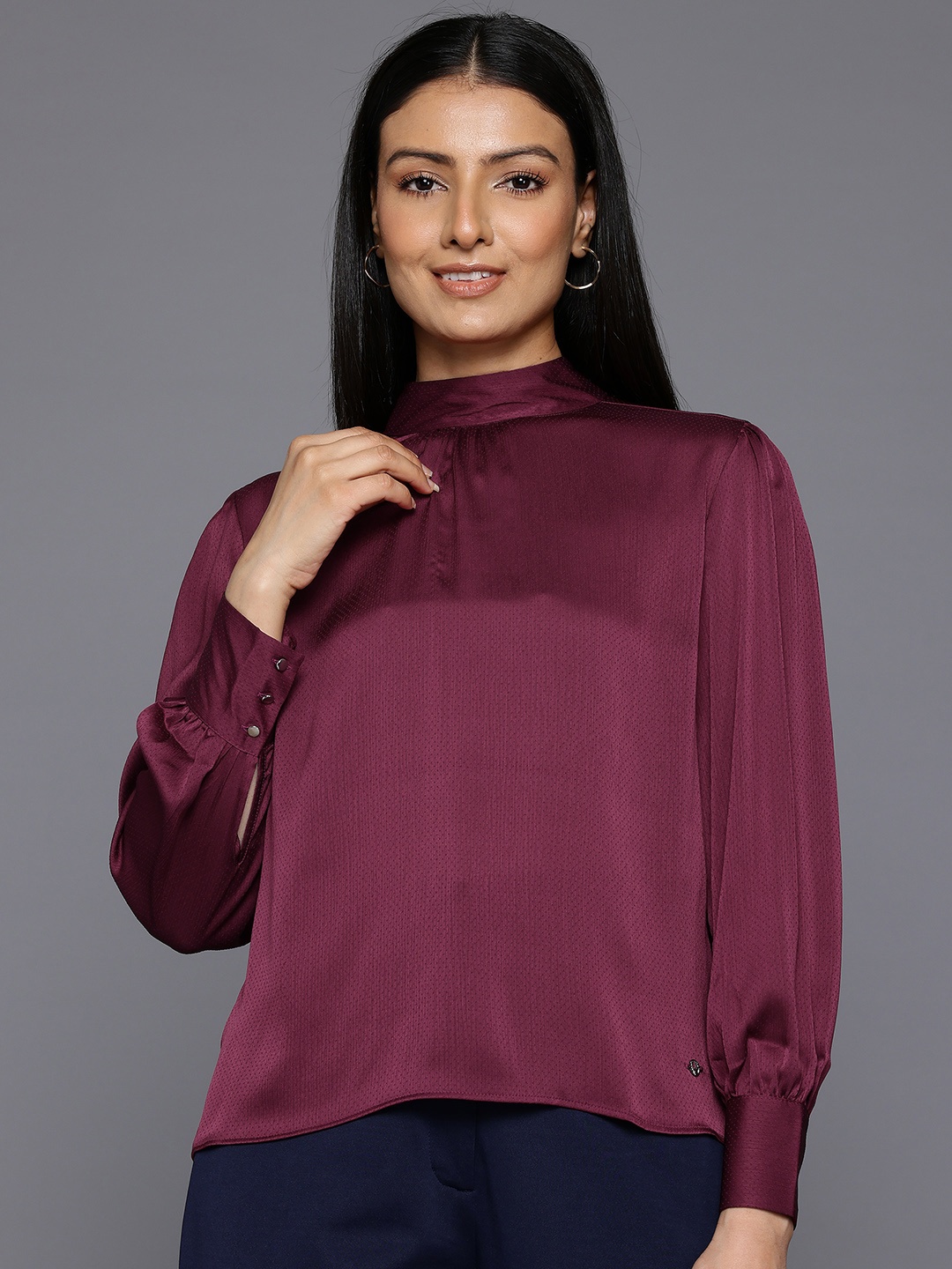 

Allen Solly Woman Mandarin Collar Top, Burgundy