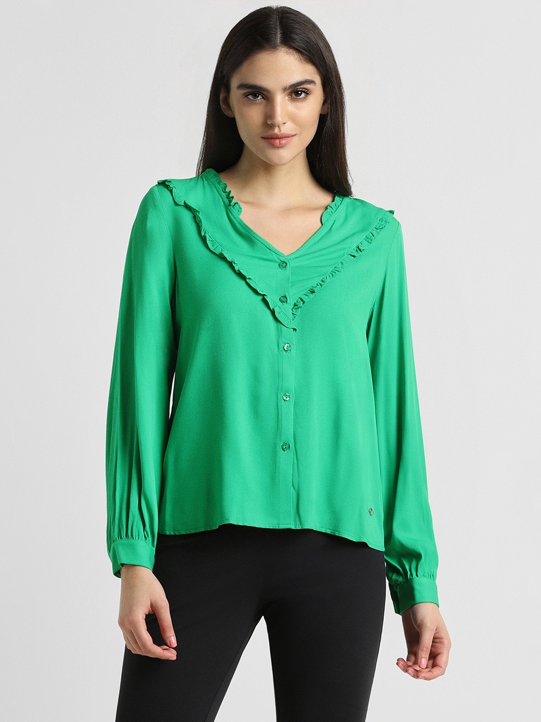 

Allen Solly Woman Collarless Ruffles Casual Shirt, Green