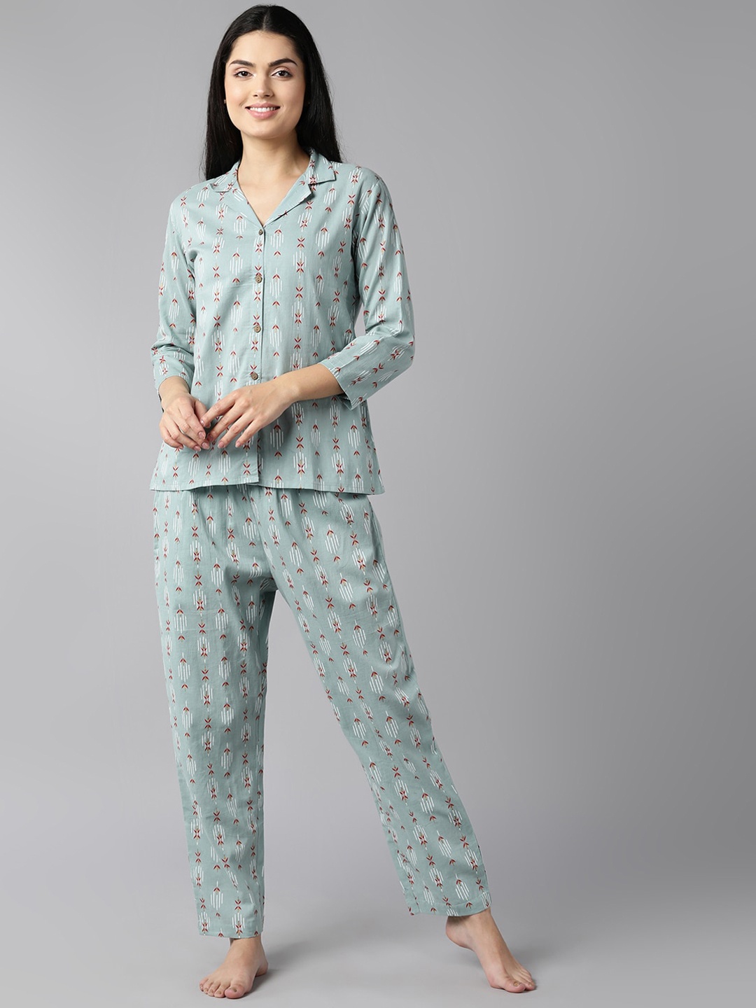 

AHIKA Ethnic Motif Printed Lapel Collar Pure Cotton Night suit, Blue