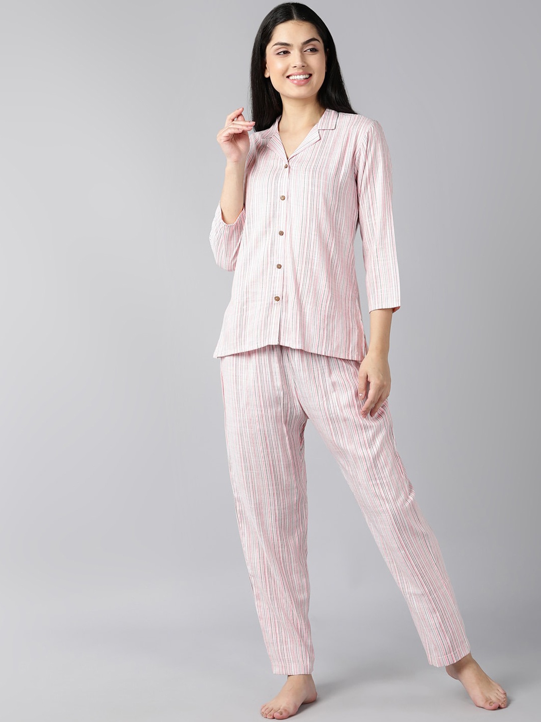 

AHIKA Striped Pure Cotton Night suit, Pink