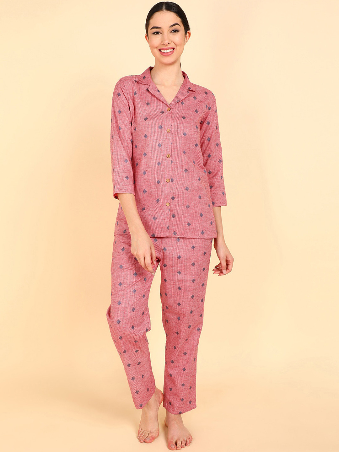 

AHIKA Geometric Printed Lapel Collar Pure Cotton Night suit, Pink