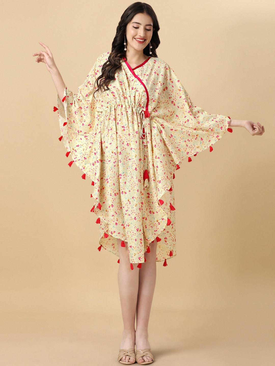 

BAPS Floral Printed Pure Cotton Kaftan Dress, Cream
