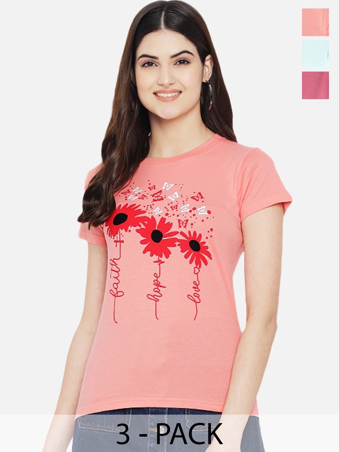 

Fabflee Pack Of 3 Printed Cotton T-Shirts, Pink