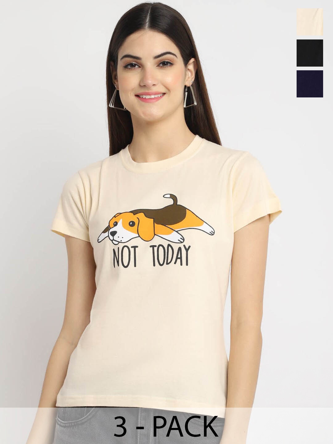 Fabflee Pack Of 3 Typography Printed Cotton T-shirts, Cream
