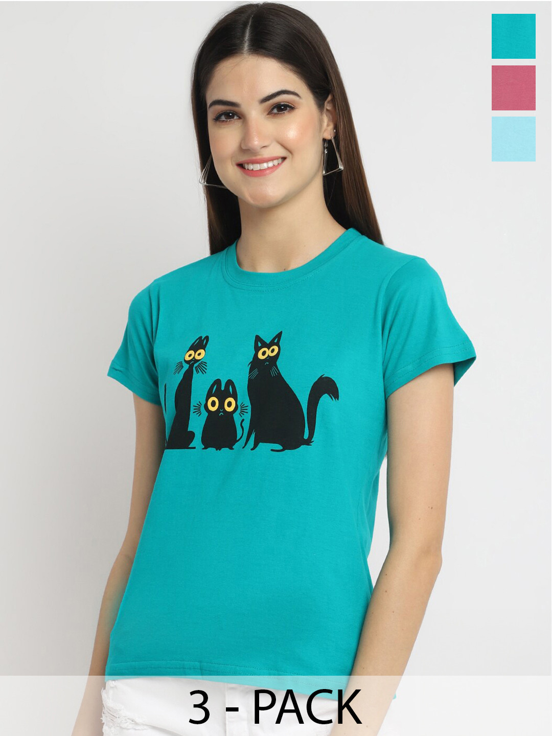 

Fabflee Pack Of 3 Printed Cotton T-shirts, Turquoise blue