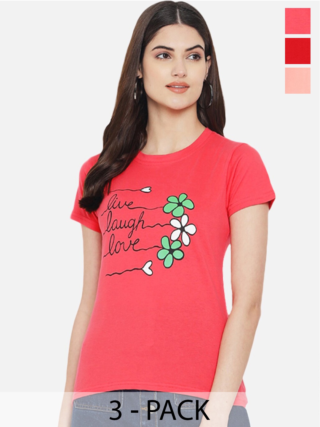 

Fabflee Pack of 3 Printed Cotton T-shirts, Coral