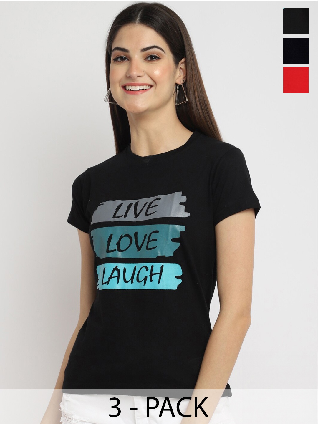 Fabflee Pack Of 3 Typography Printed Cotton T-shirt, Black