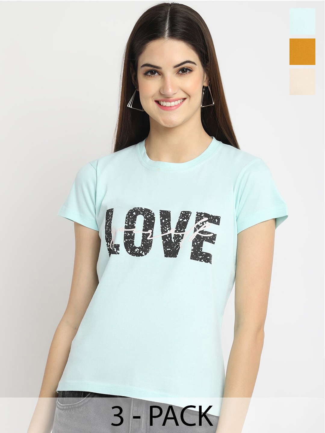 

Fabflee Pack Of 3 Typography Printed Cotton T-Shirt, Blue
