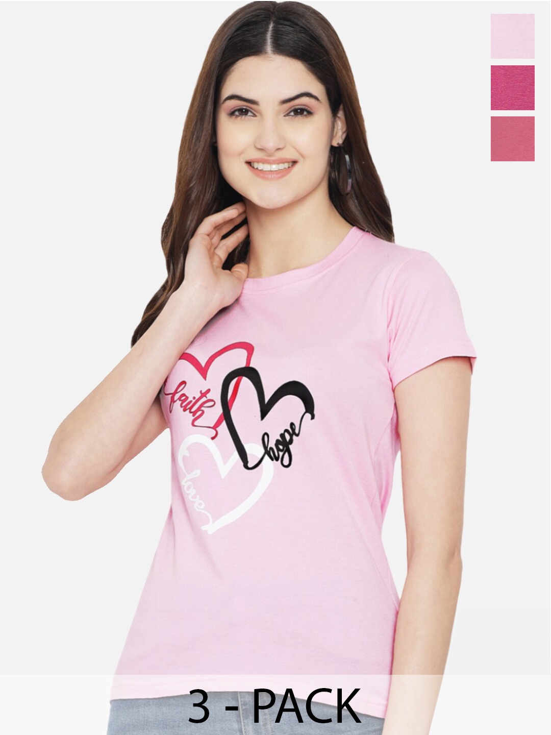 

Fabflee Pack Of 3 Typography Printed T-shirt, Pink