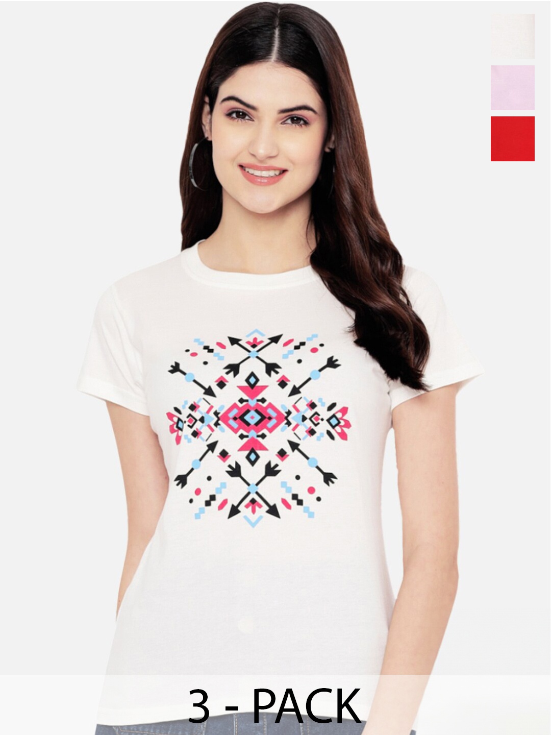 

Fabflee Pack Of 3 Printed Cotton T-shirt, White