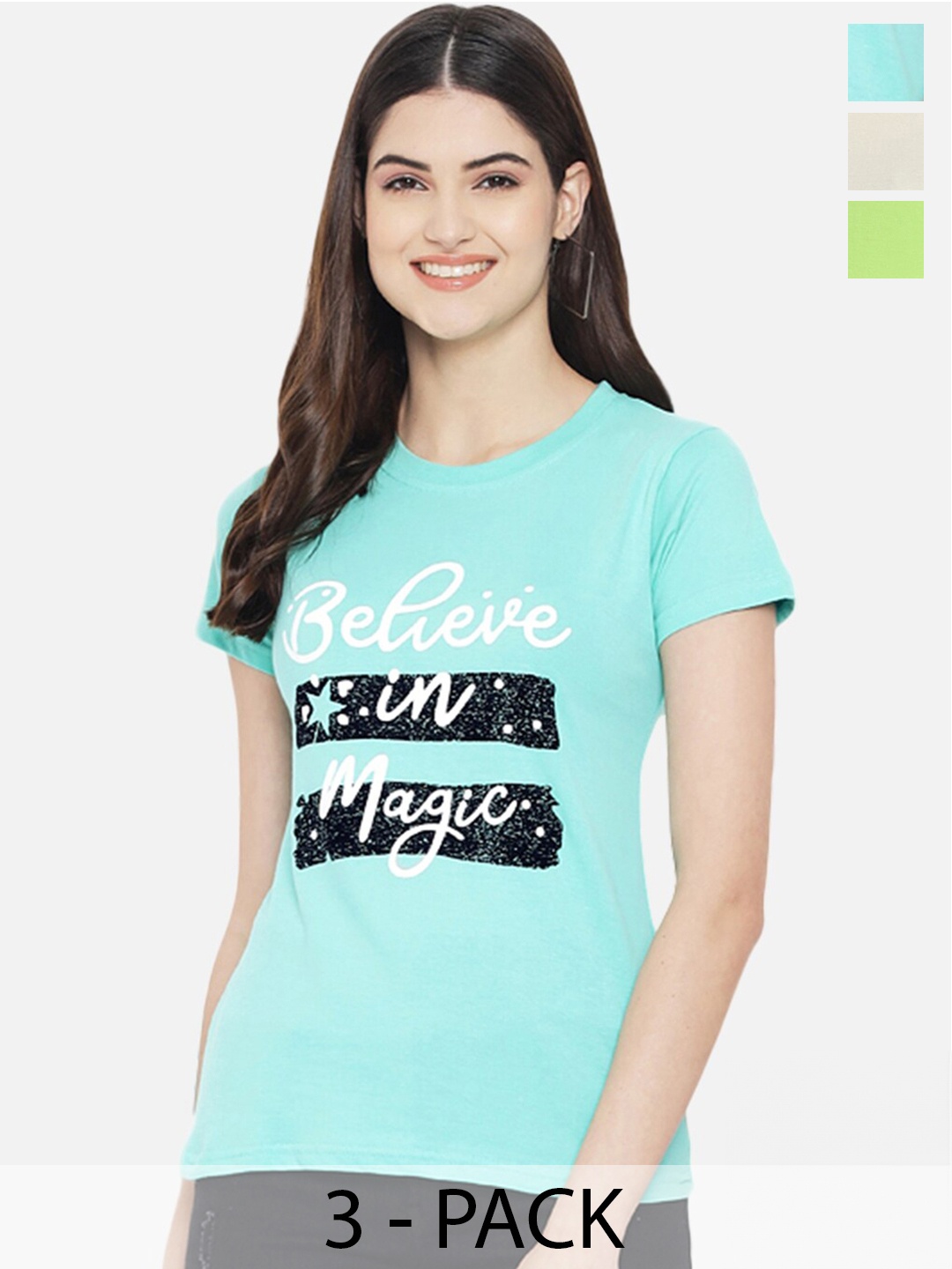 

Fabflee Pack Of 3 Printed Cotton T-shirt, Turquoise blue
