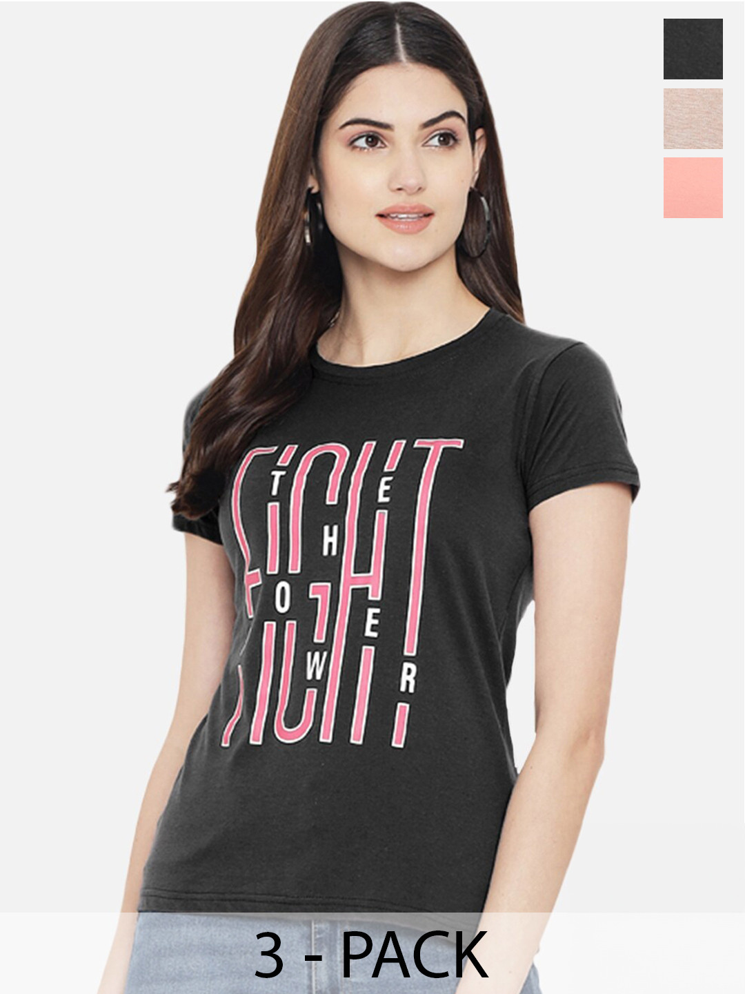 

Fabflee Pack Of 3 Typography Printed Regular Fit Pure Cotton Casual T-Shirt, Black