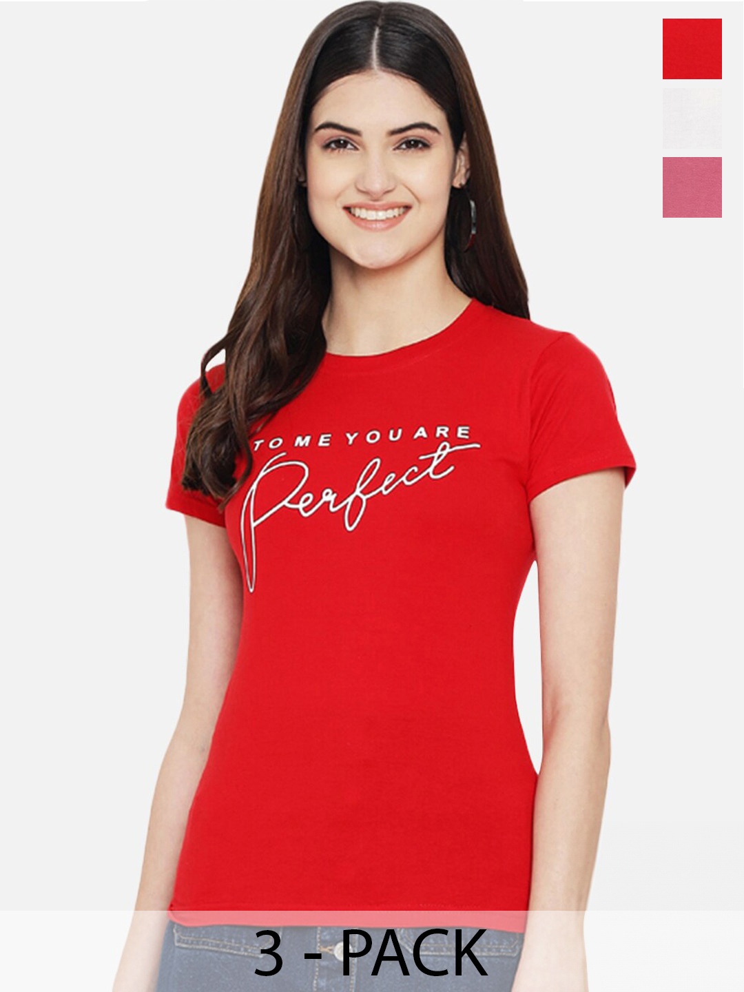 

Fabflee Pack Of 3 Typography Printed Cotton T-shirt, Red