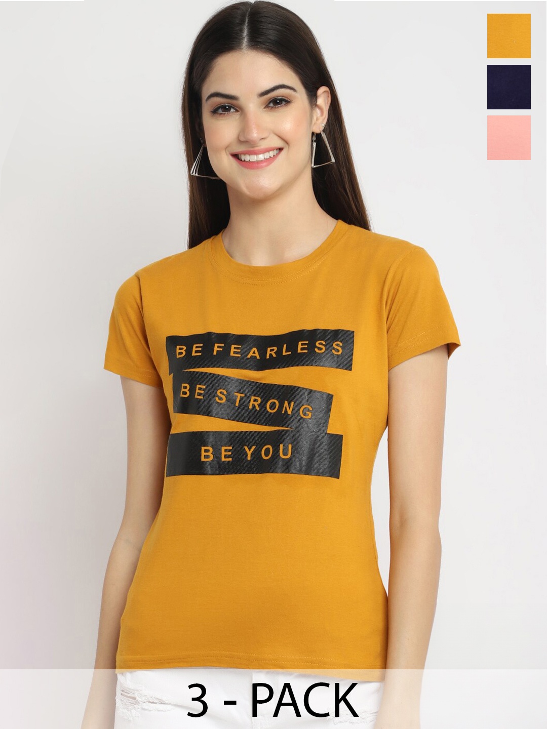 

Fabflee Pack Of 3 Typography Printed Cotton T-shirts, Mustard