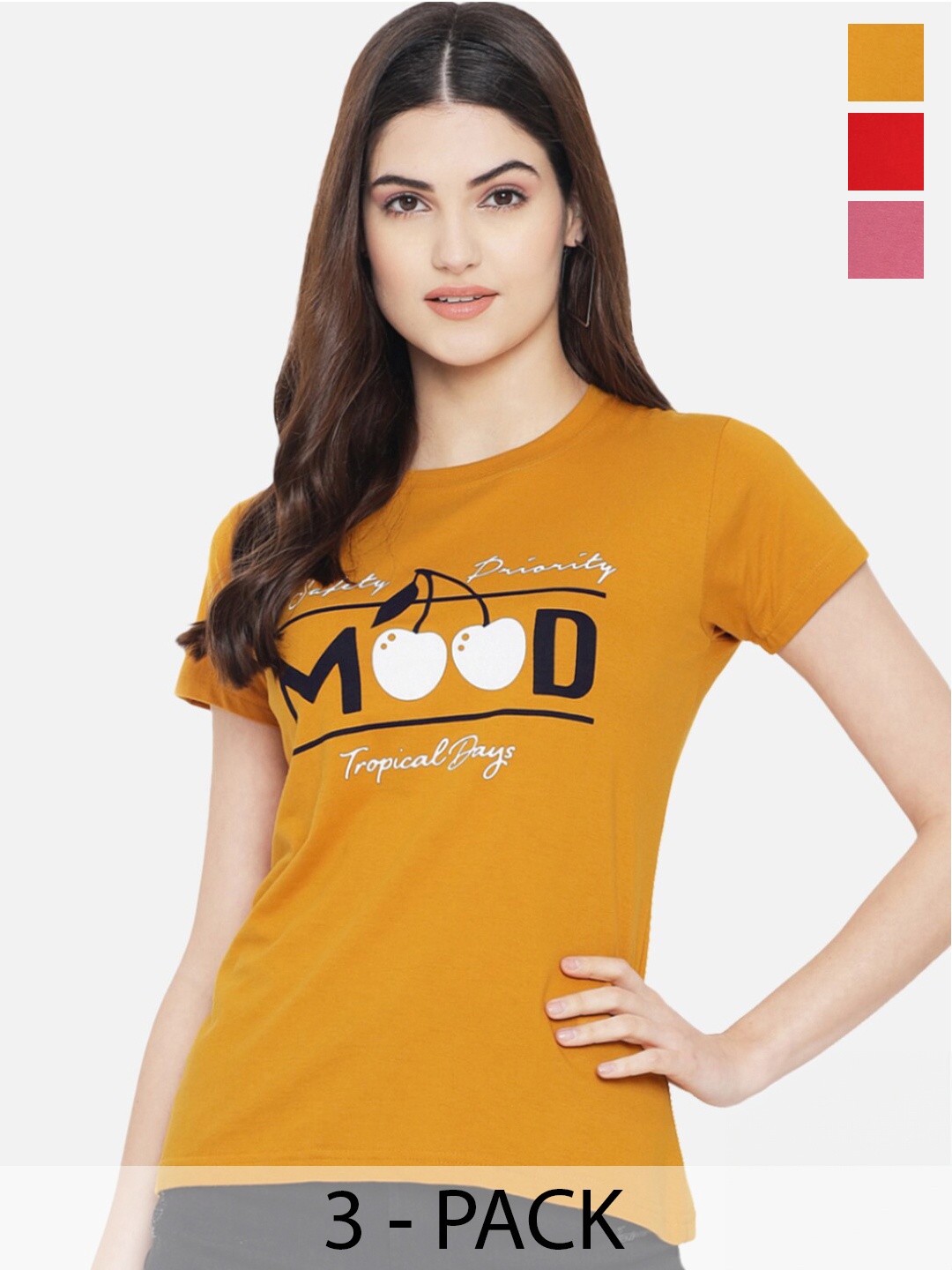Fabflee Pack Of 3 Typography Printed Cotton T-shirts, Mustard