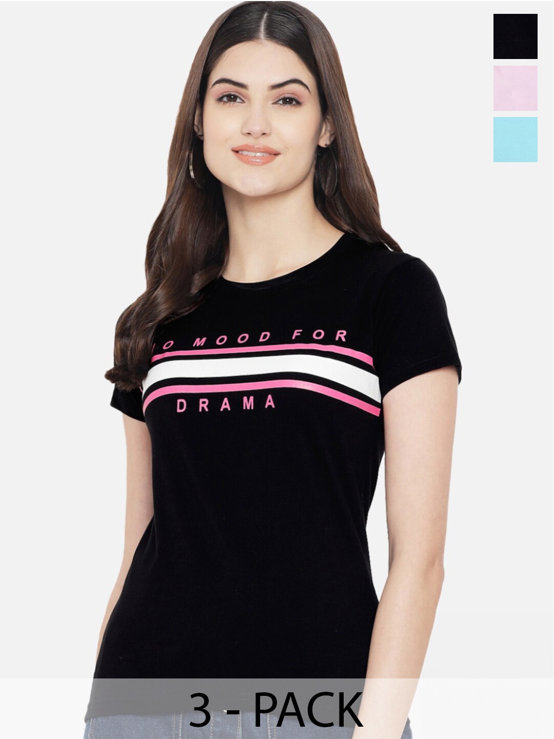 

Fabflee Pack Of 3 Typography Printed Regular Fit Pure Cotton Casual T-Shirt, Black
