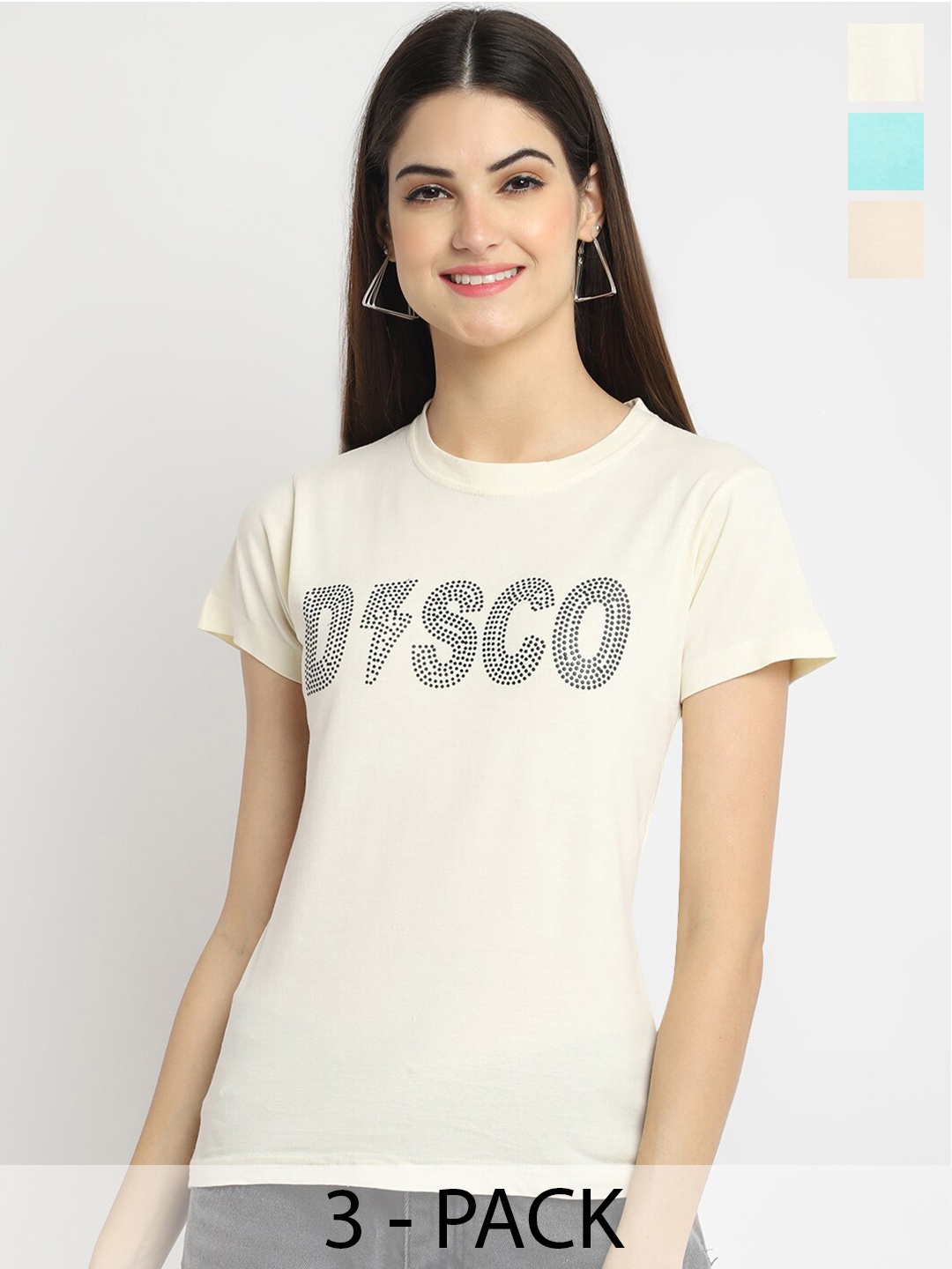 Fabflee Pack Of 3 Typography Printed Cotton T-shirt, Cream