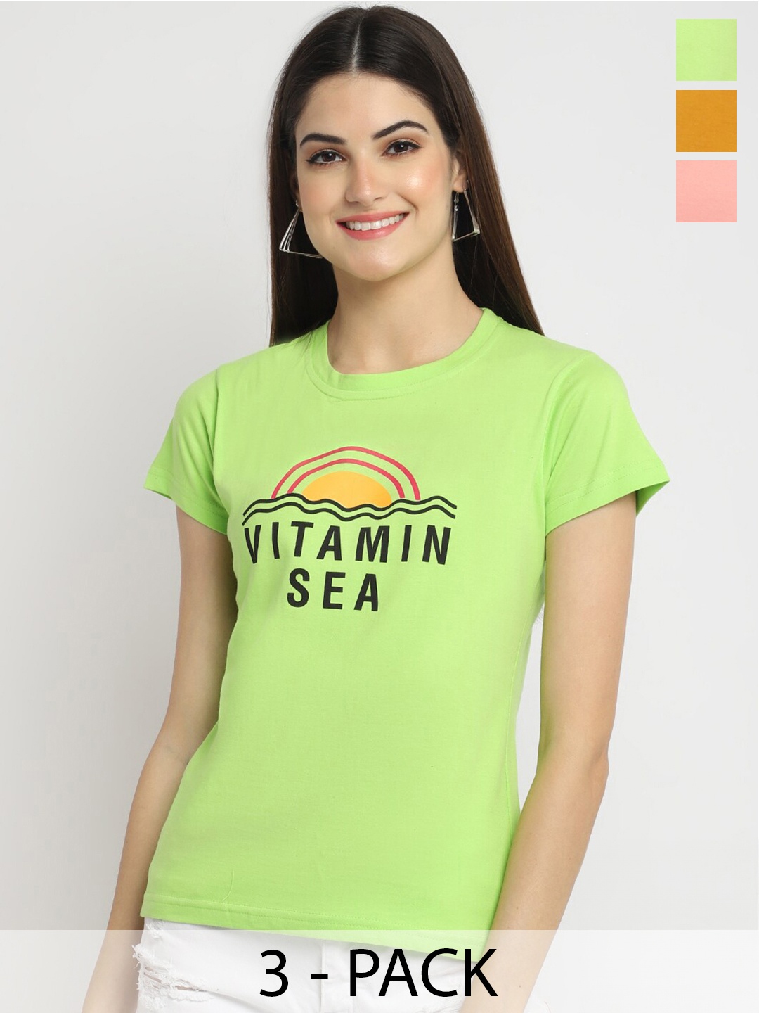 

Fabflee Pack Of 3 Printed Round Neck Short Sleeves Cotton T-Shirt, Green