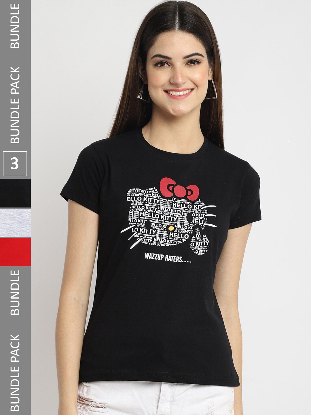 Fabflee Pack Of 3 Printed Round Neck Short Sleeves Cotton T-Shirt, Black
