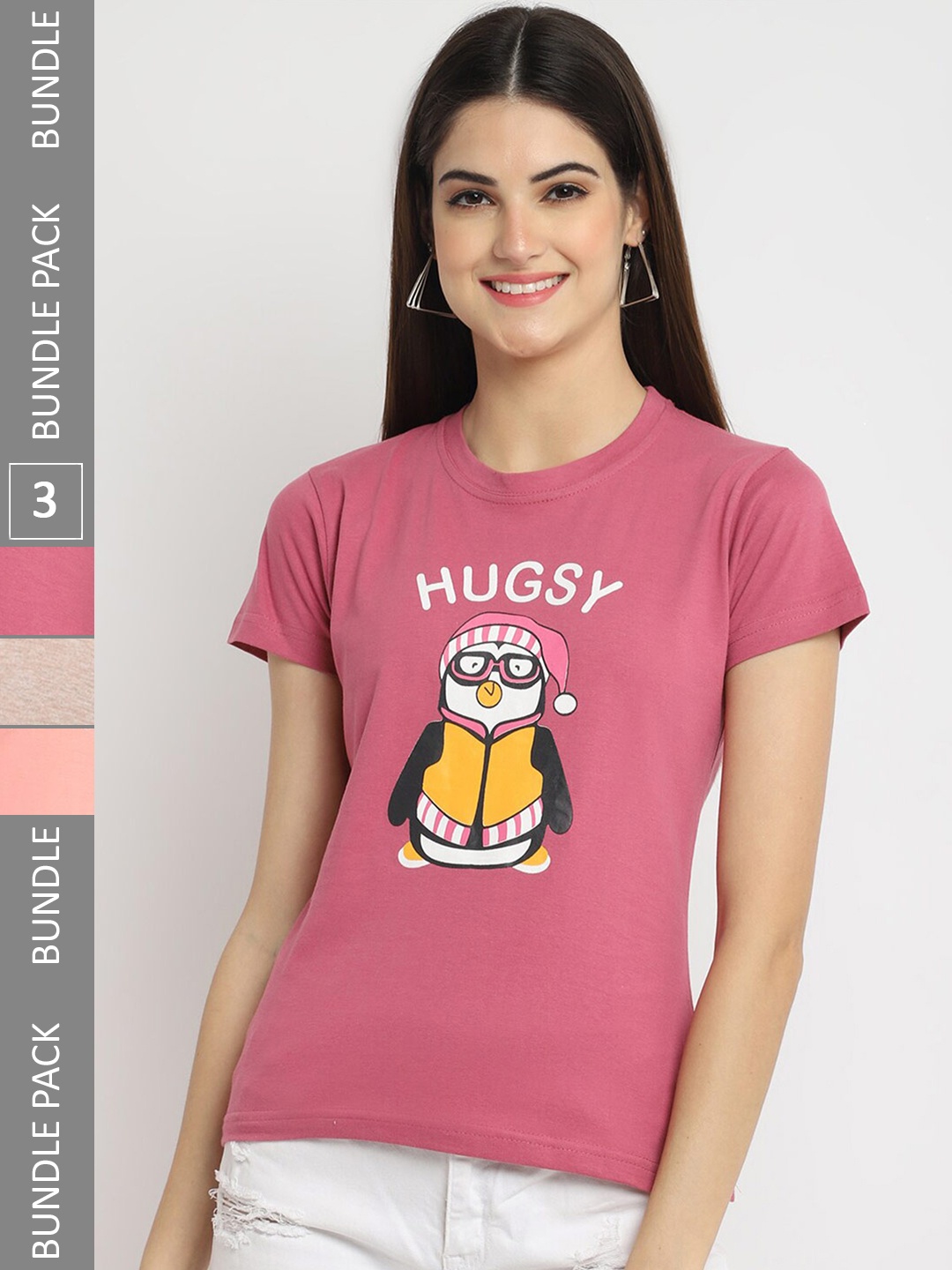 

Fabflee Pack Of 3 Graphic Printed Cotton T-shirt, Pink