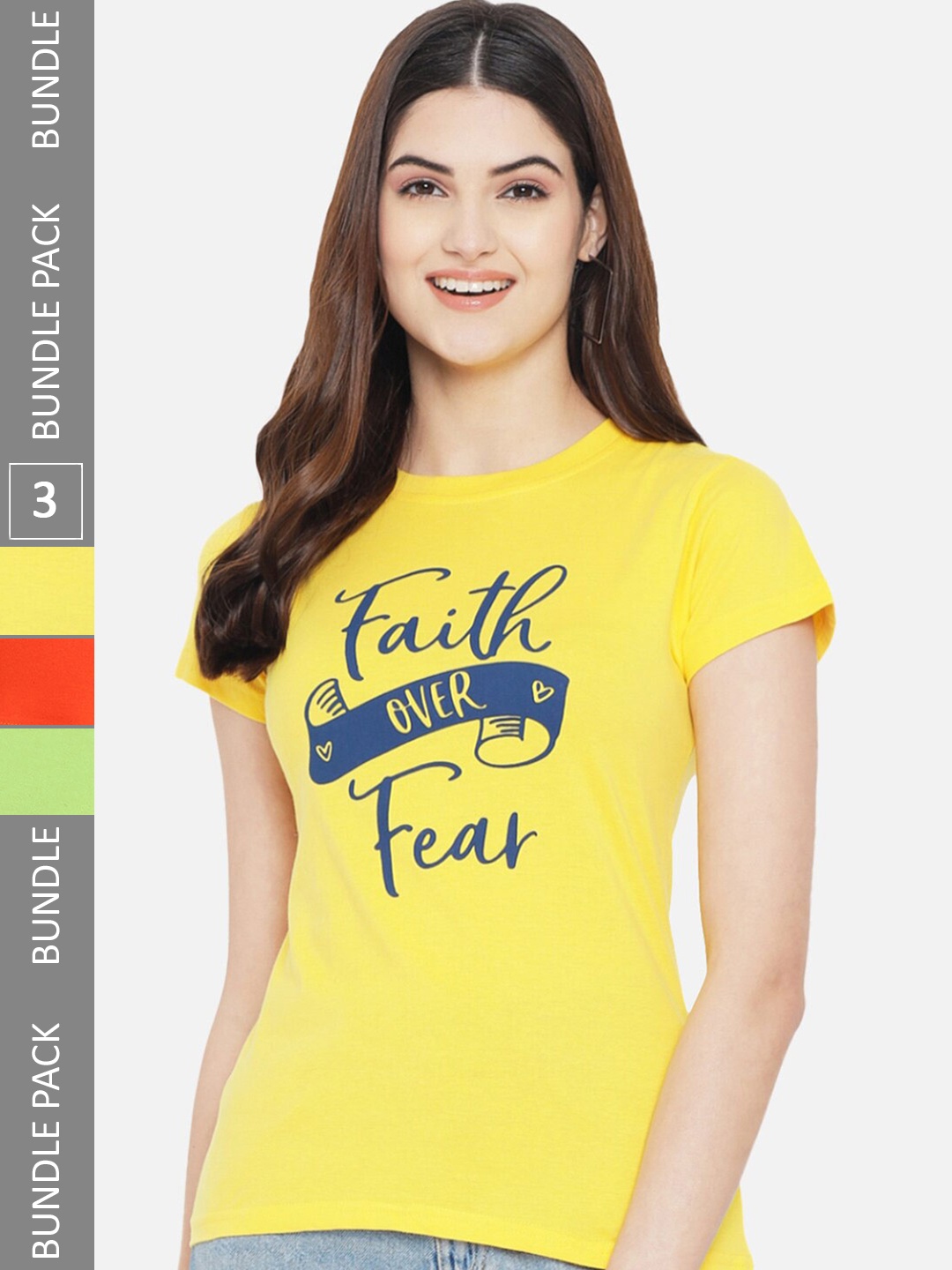 Fabflee Pack of 3 Typography Printed Cotton T-shirt, Yellow