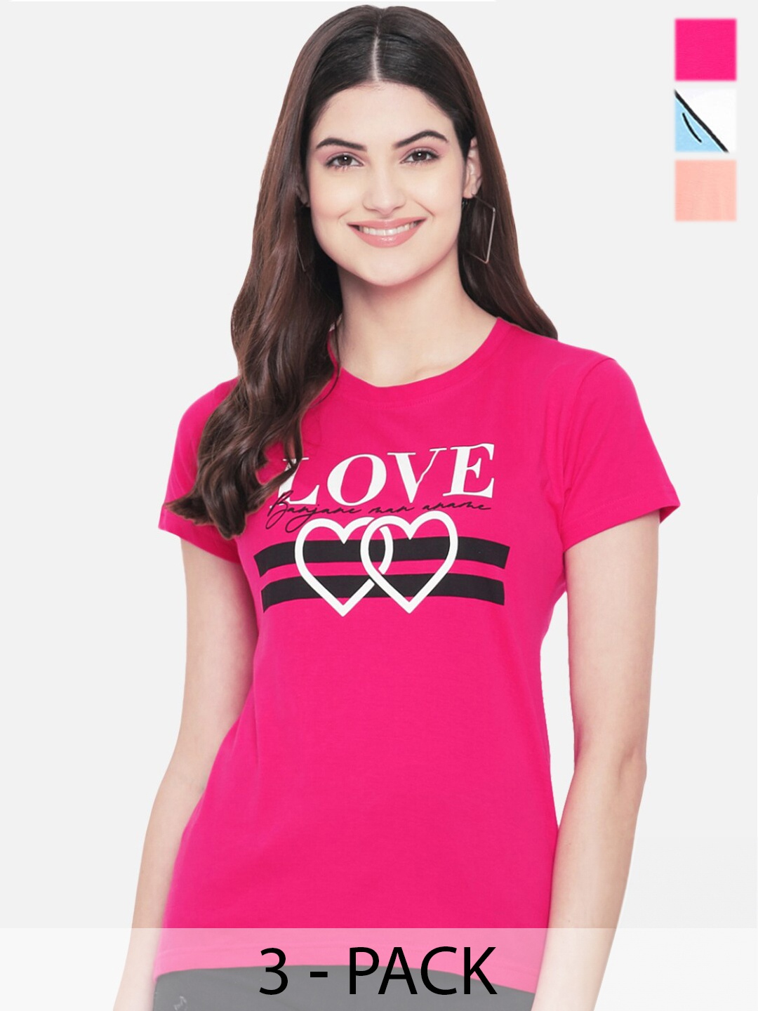 

Fabflee Pack Of 3 Printed Cotton T-Shirts, Pink
