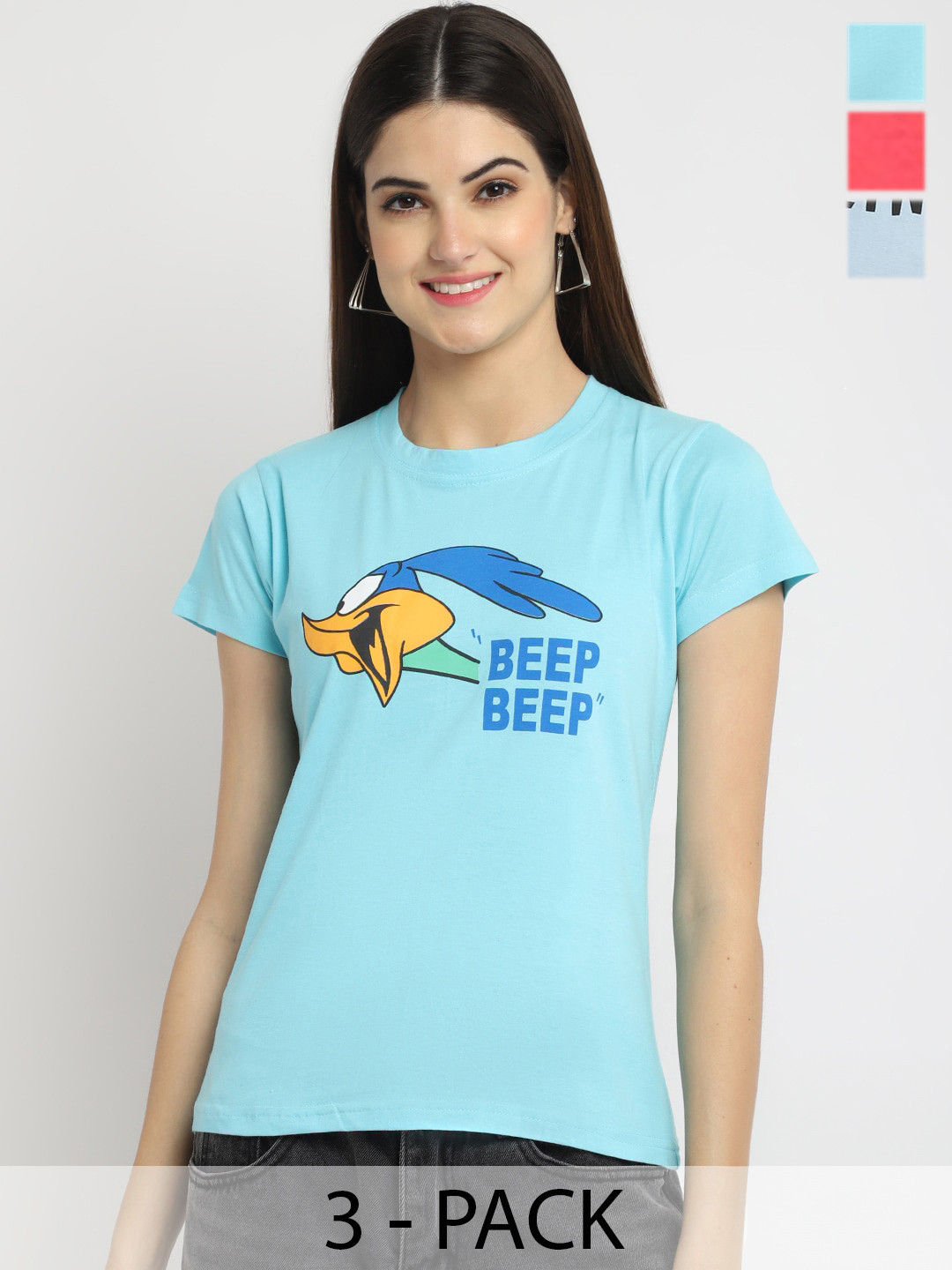 

Fabflee Pack Of 3 Printed Cotton T-shirt, Turquoise blue
