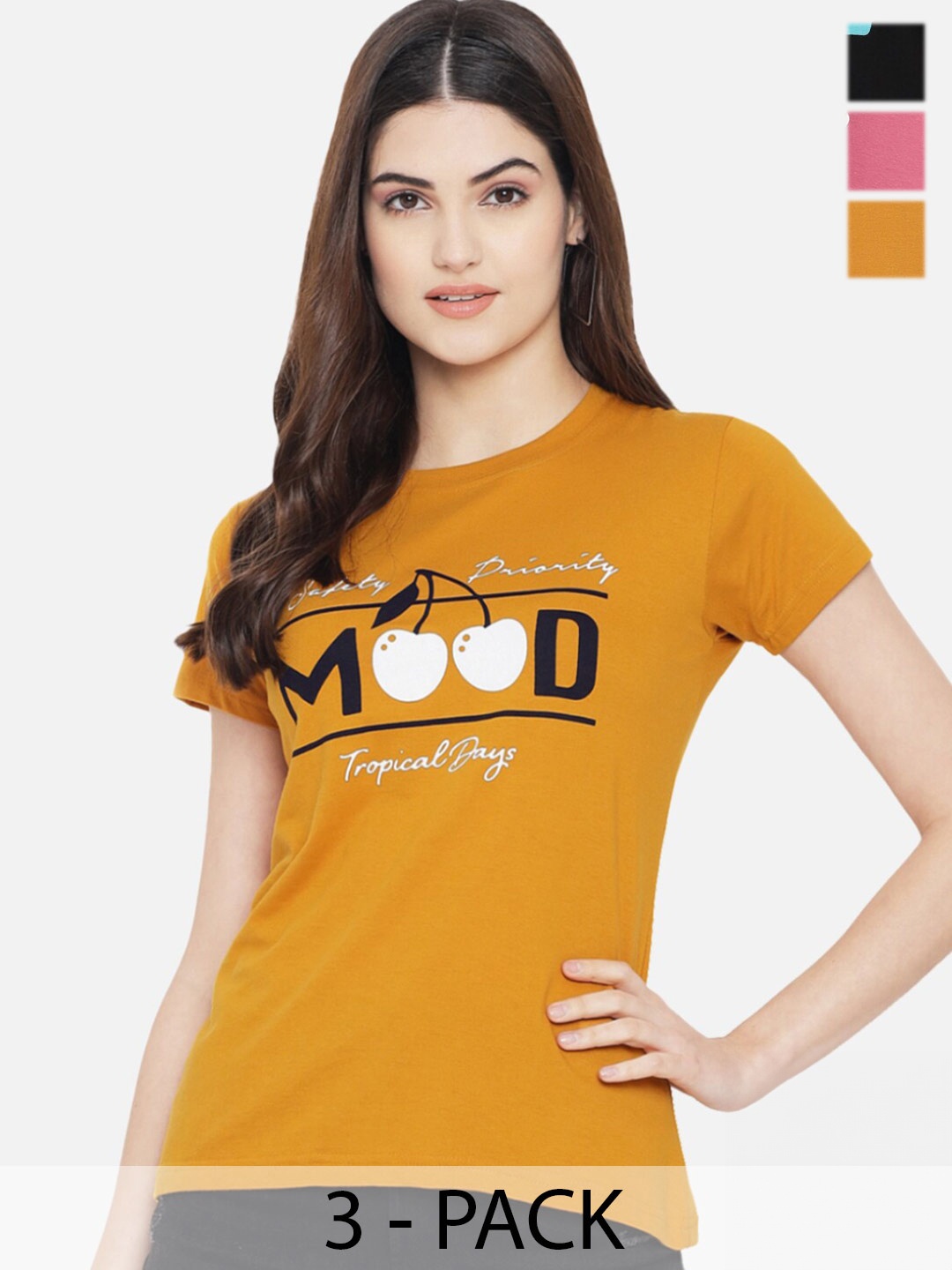 

Fabflee Pack Of 3 Printed Cotton T-Shirts, Mustard