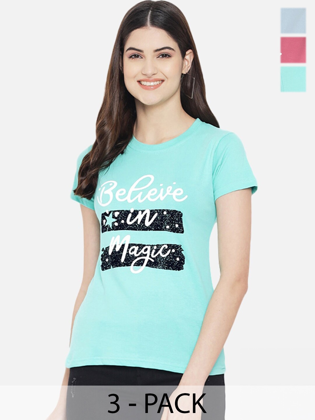 Fabflee Pack Of 3 Typography Printed Cotton T-Shirt, Blue