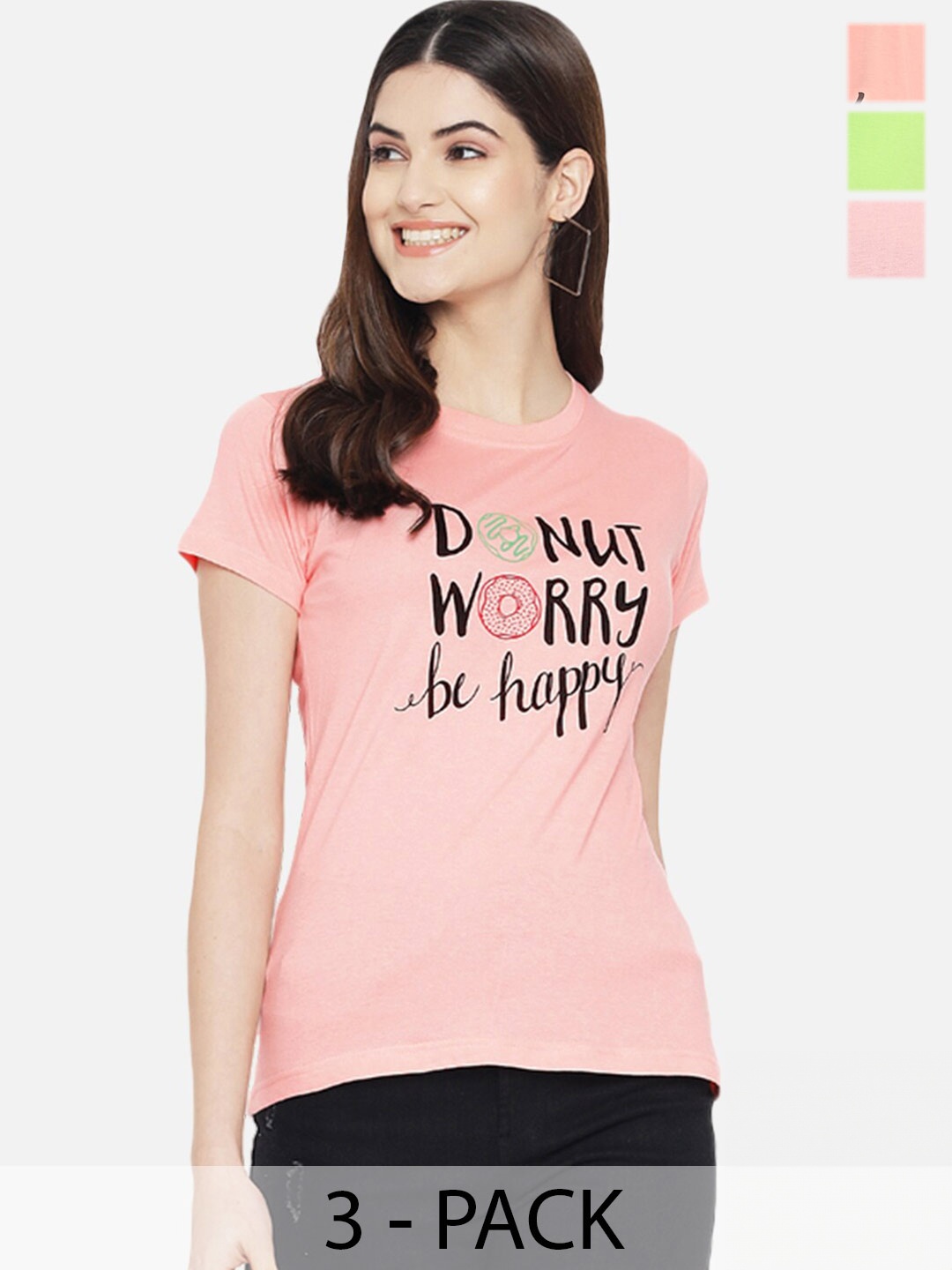 

Fabflee Pack Of 3 Typography Printed Cotton T-shirts, Pink