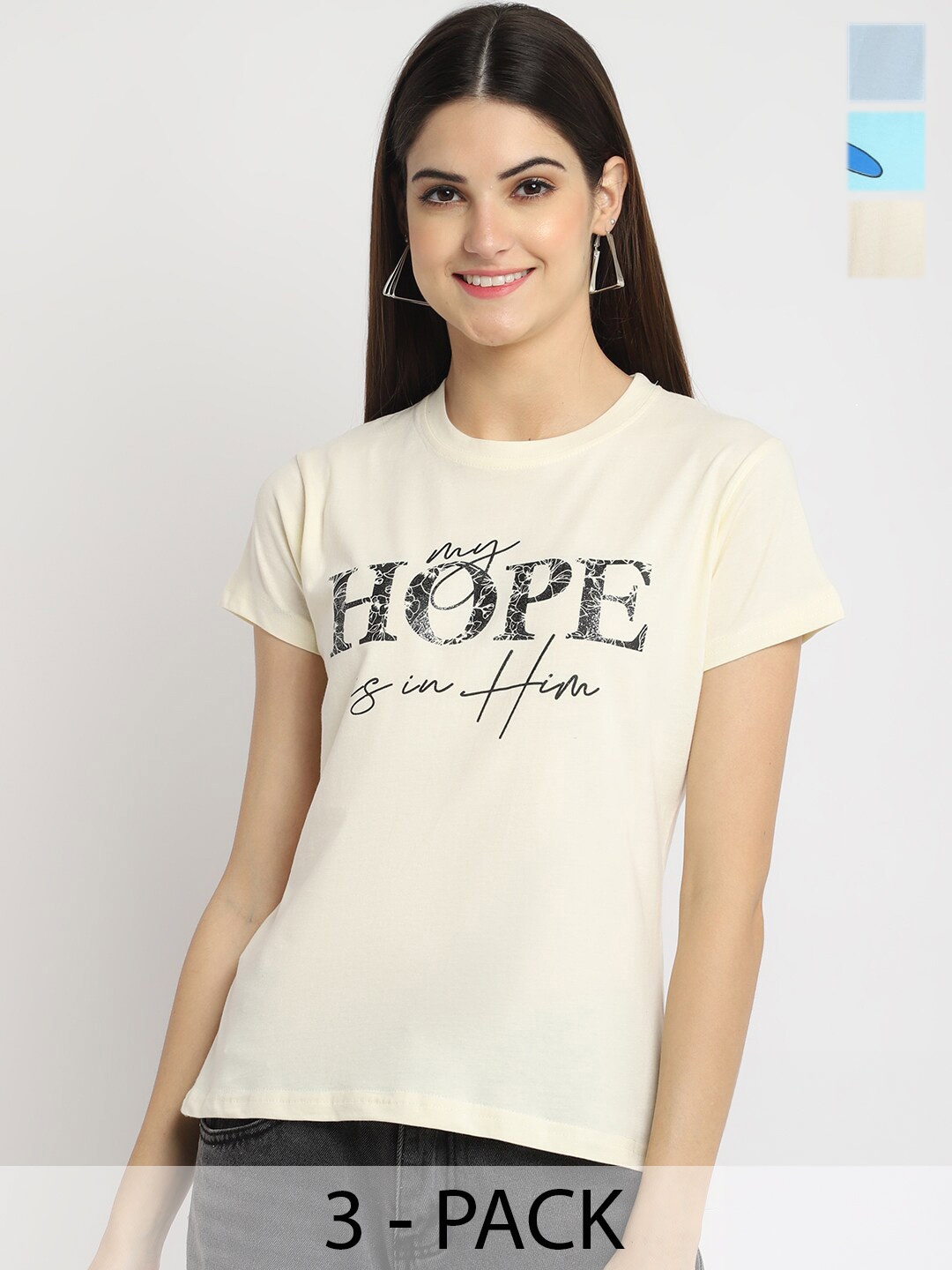 

Fabflee Pack Of 3 Graphic Printed Cotton T-shirt, Off white