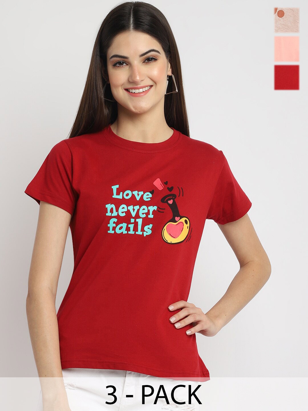 Fabflee Pack of 3 Typography Printed Cotton T-shirts, Red