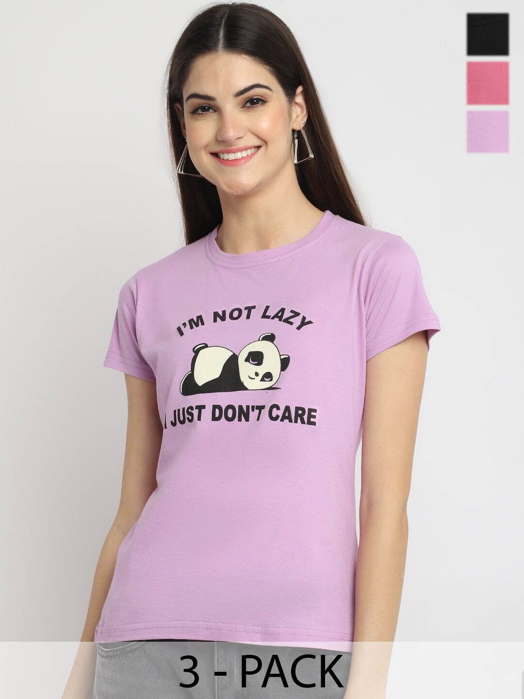 

Fabflee Pack Of 3 Typography Printed Cotton T-shirts, Lavender