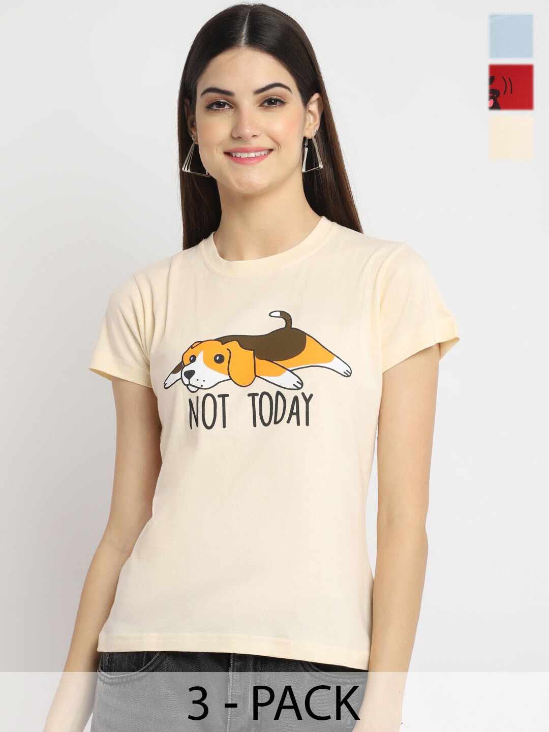 

Fabflee Pack Of 3 Typography Printed Cotton T-Shirt, Beige