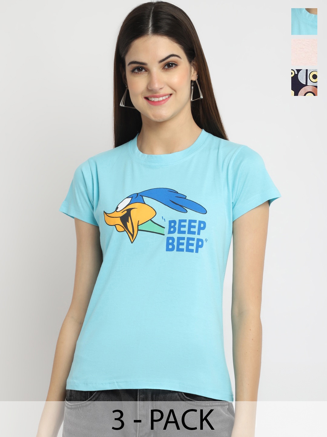 

Fabflee Pack of 3 Printed Round Neck Cotton T-shirts, Blue