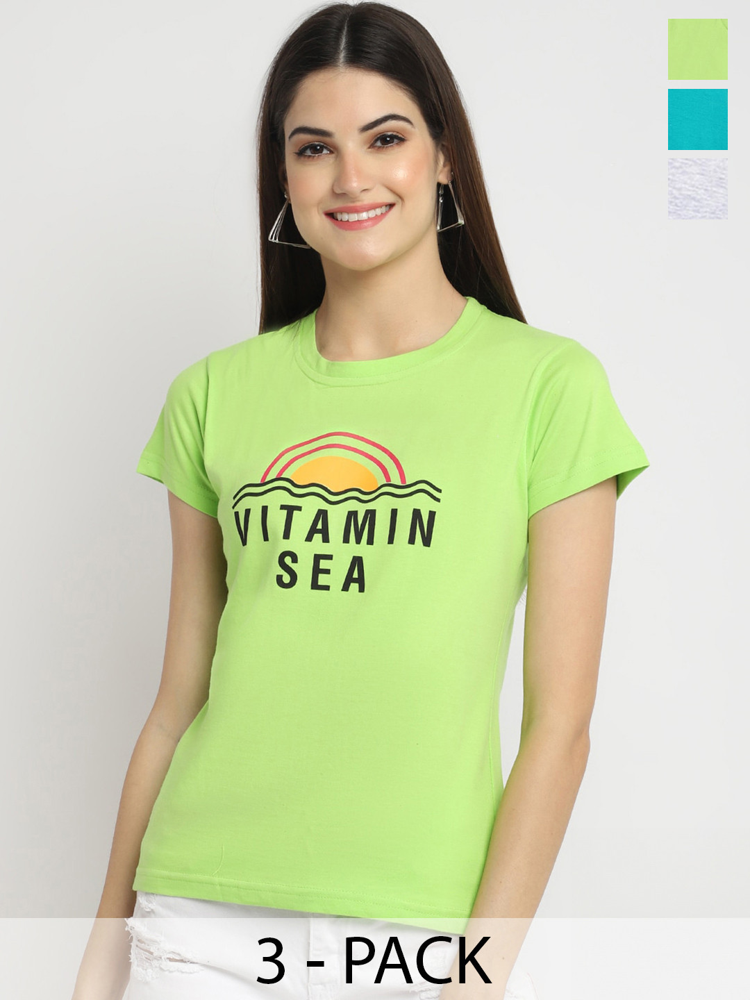 

Fabflee Pack Of 3 Typography Printed Cotton T-shirt, Green