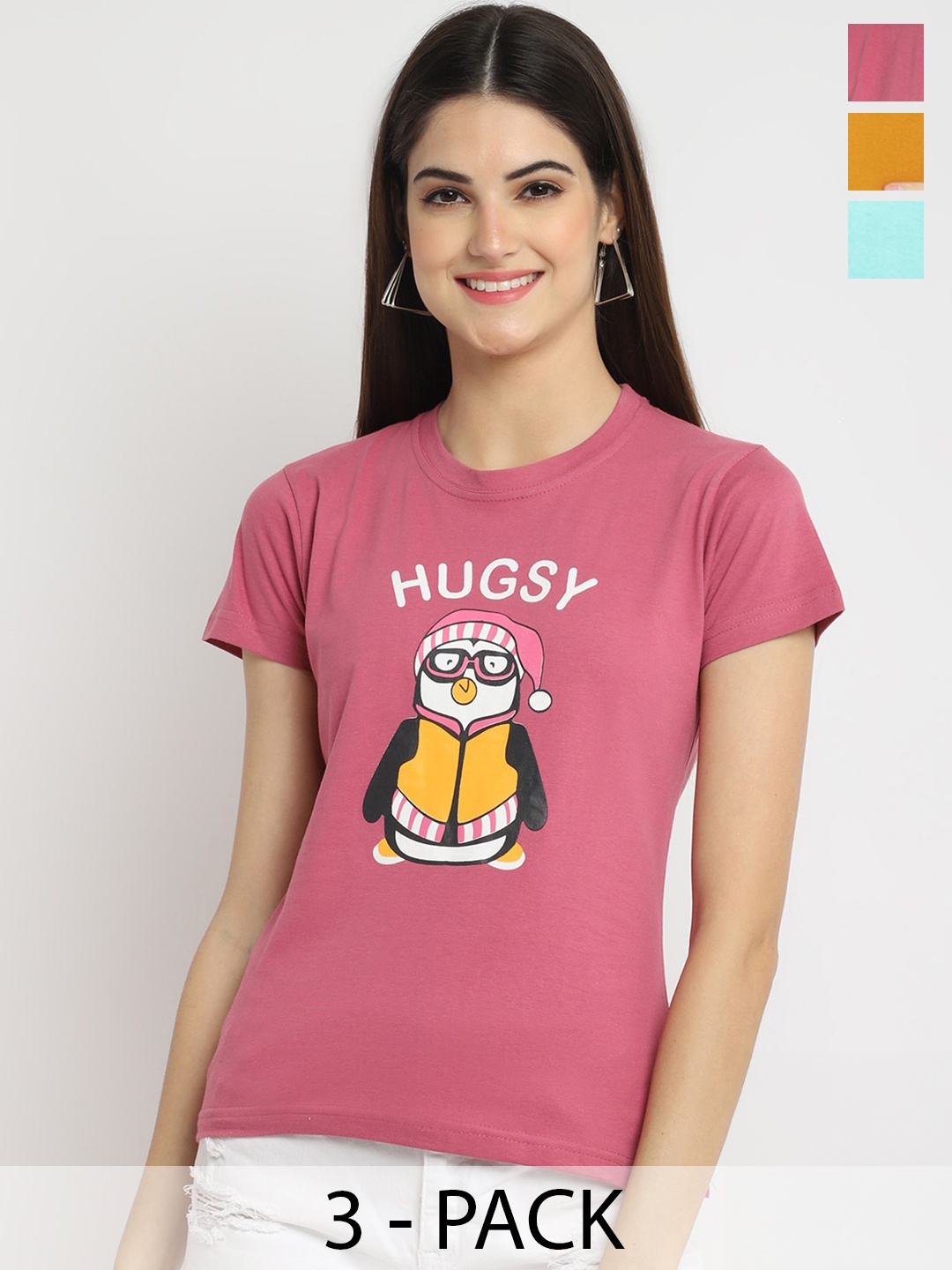 

Fabflee Pack Of 3 Graphic Printed Cotton T-shirt, Pink