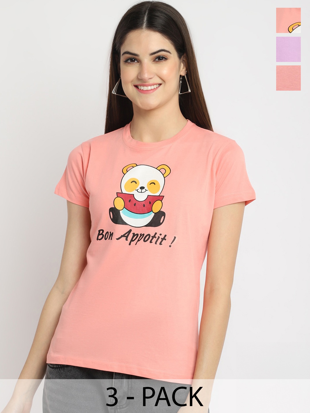 

Fabflee Pack Of 3 Typography Printed Cotton T-Shirt, Peach