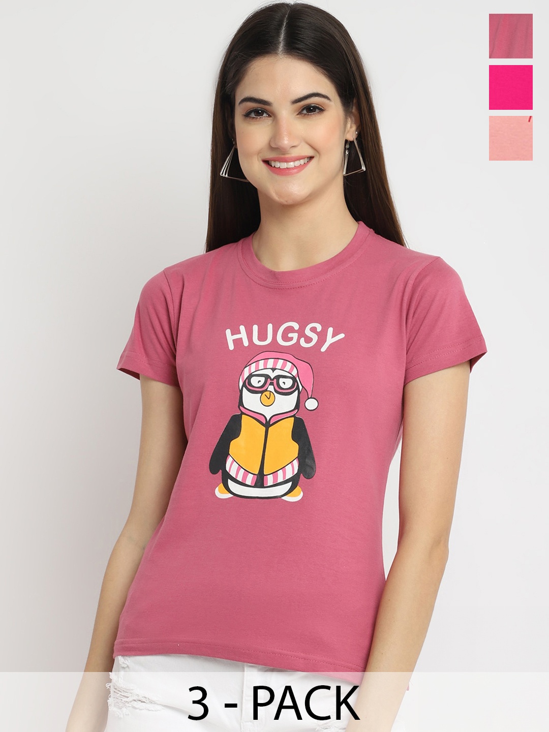 

Fabflee Pack Of 3 Typography Printed Cotton T-Shirt, Pink