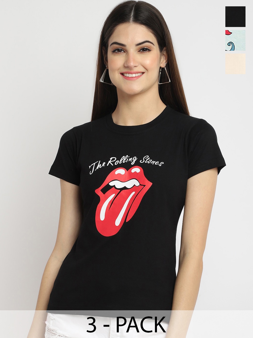 

Fabflee Regular Fit Pack Of 3 Printed Round Neck Cotton T-shirt, Black