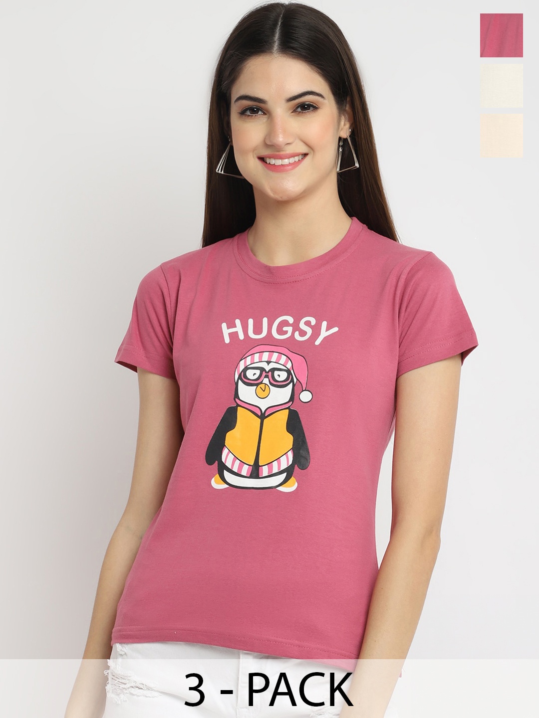 

Fabflee Regular Fit Pack Of 3 Printed Round Neck Cotton T-shirt, Pink