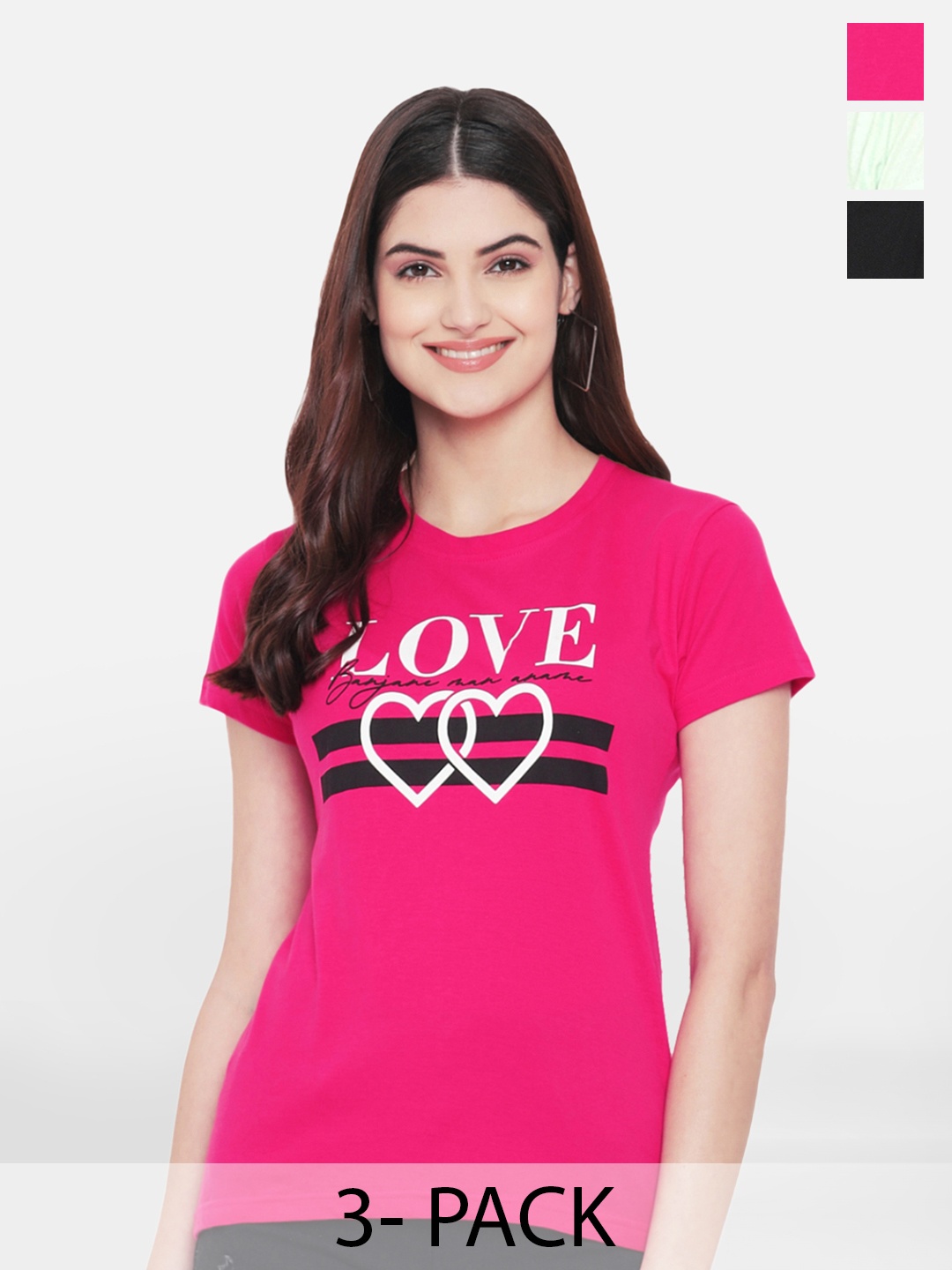 

Fabflee Pack of 3 Printed Cotton Regular Fit T-shirts, Pink