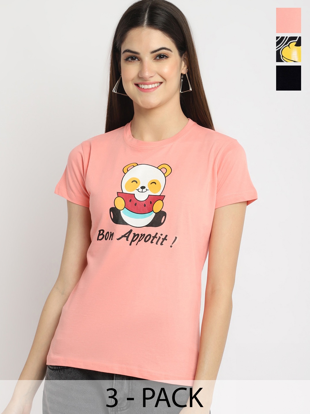 

Fabflee Pack Of 3 Printed Cotton T-shirt, Coral