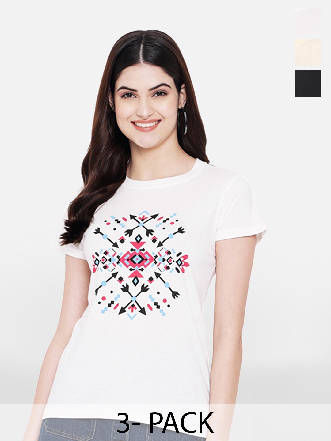 

Fabflee Pack of 3 Printed Cotton Regular Fit T-shirts, White