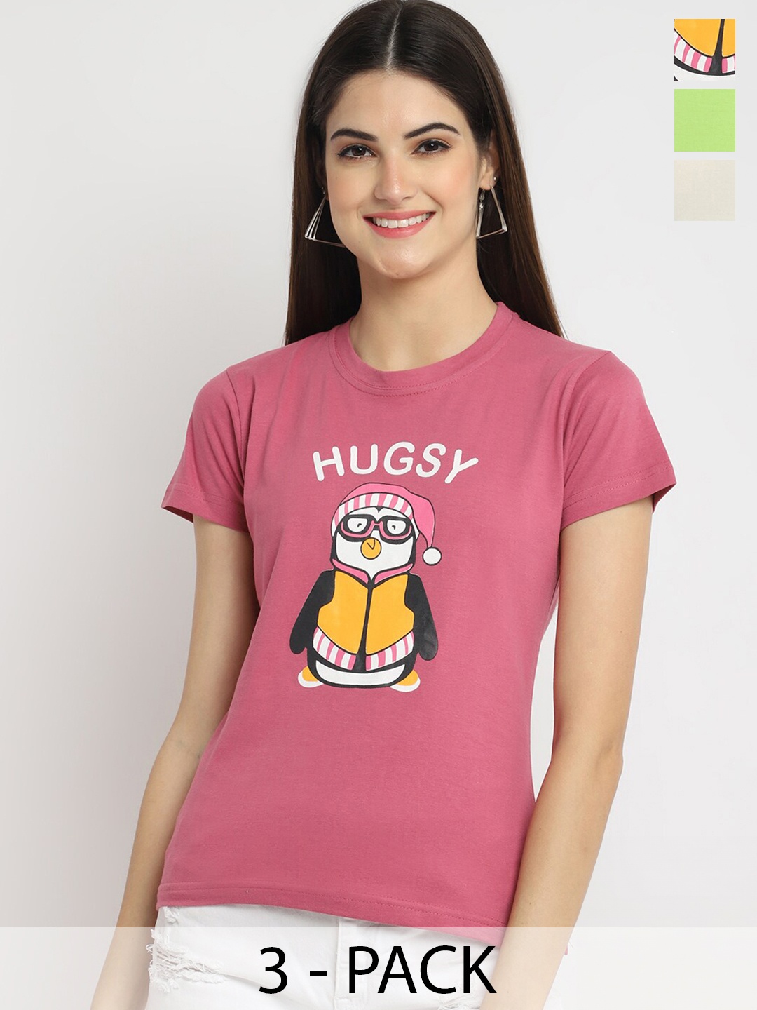 

Fabflee Pack Of 3 Typography Printed Cotton T-shirt, Pink